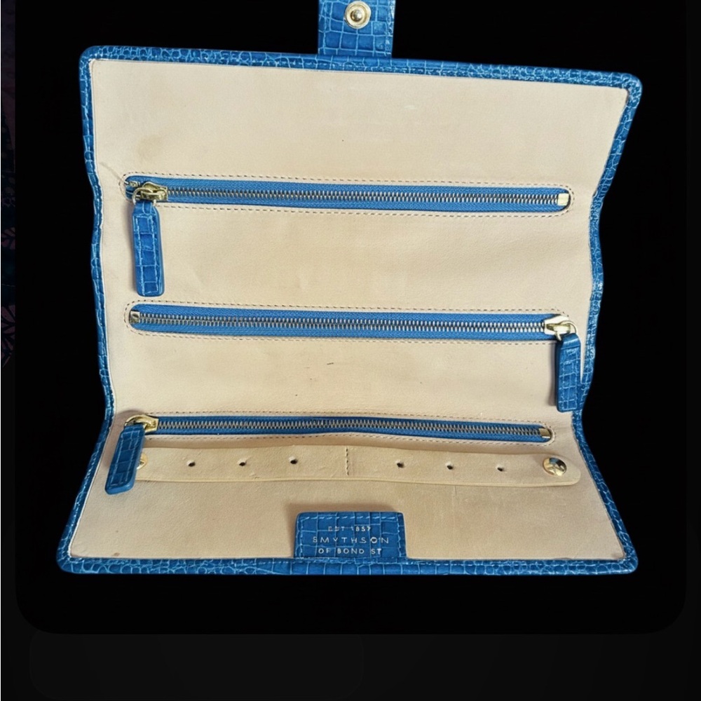 Smythson Turquoise Croc Embossed Jewelry Roll Travel Pouch Case Folio Clutch - Picture 3 of 10